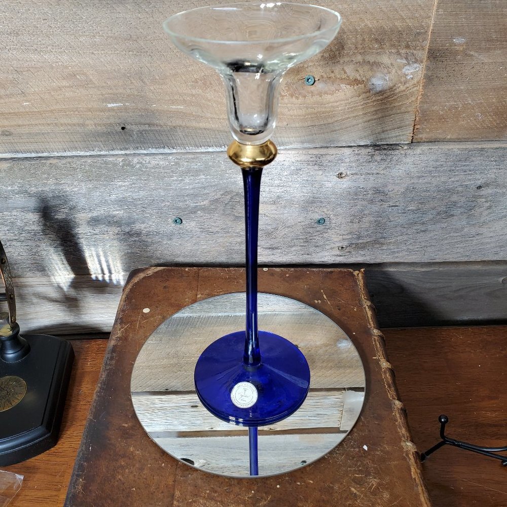 Romanian Crystal Tapered Candle Holder - Cobalt & Aegean Gold.   Made in Romania